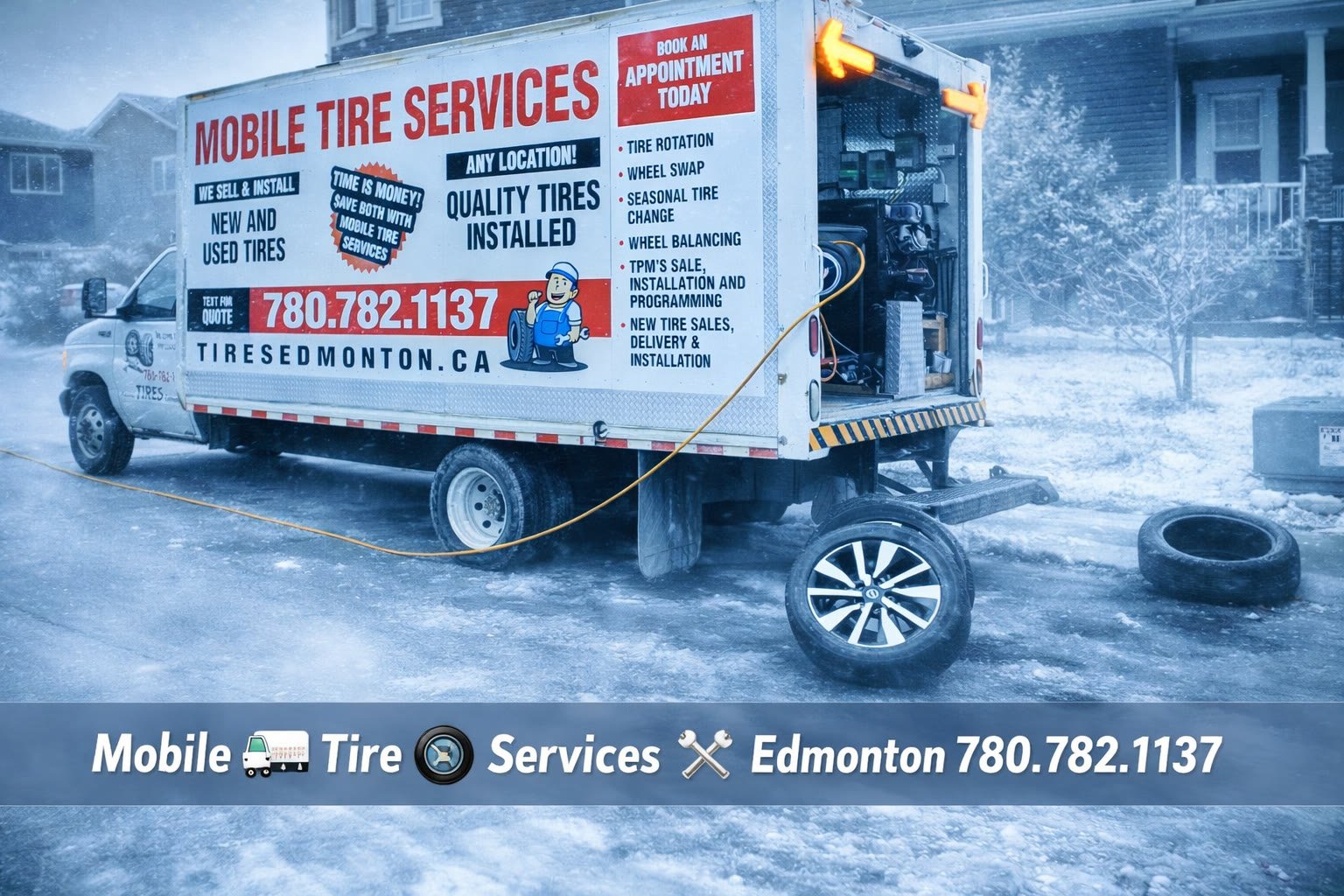 Mobile Tire Services Edmonton truck on a snowy street with the rear door open