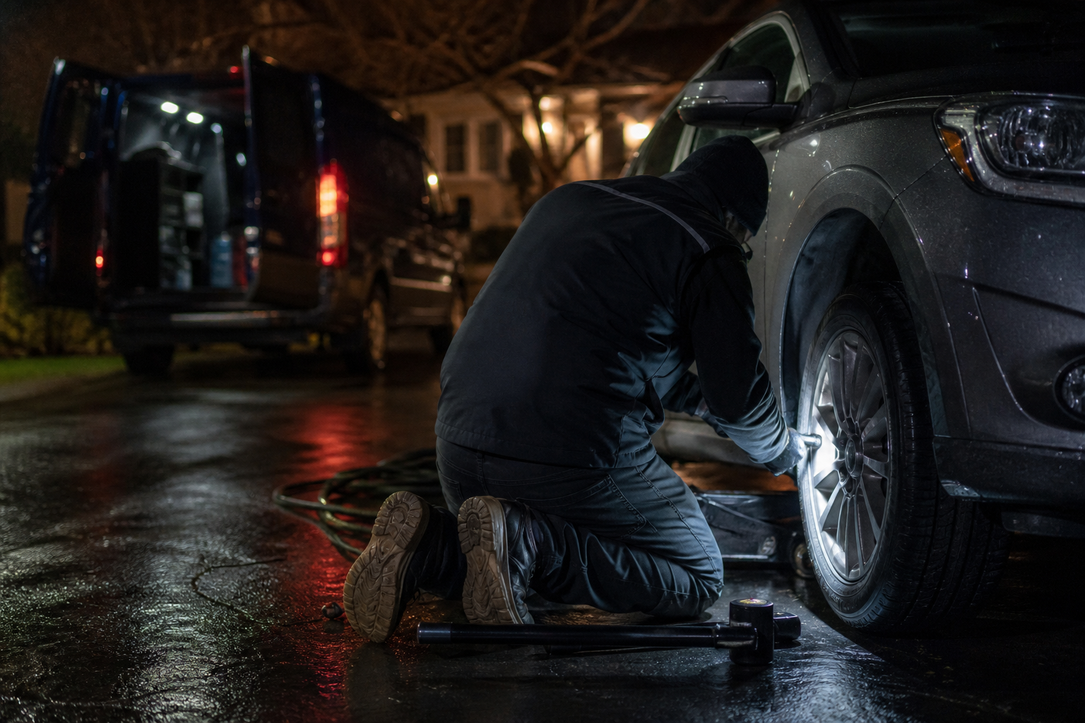 Technician working a wheel on a driveway at night, service van parked behind