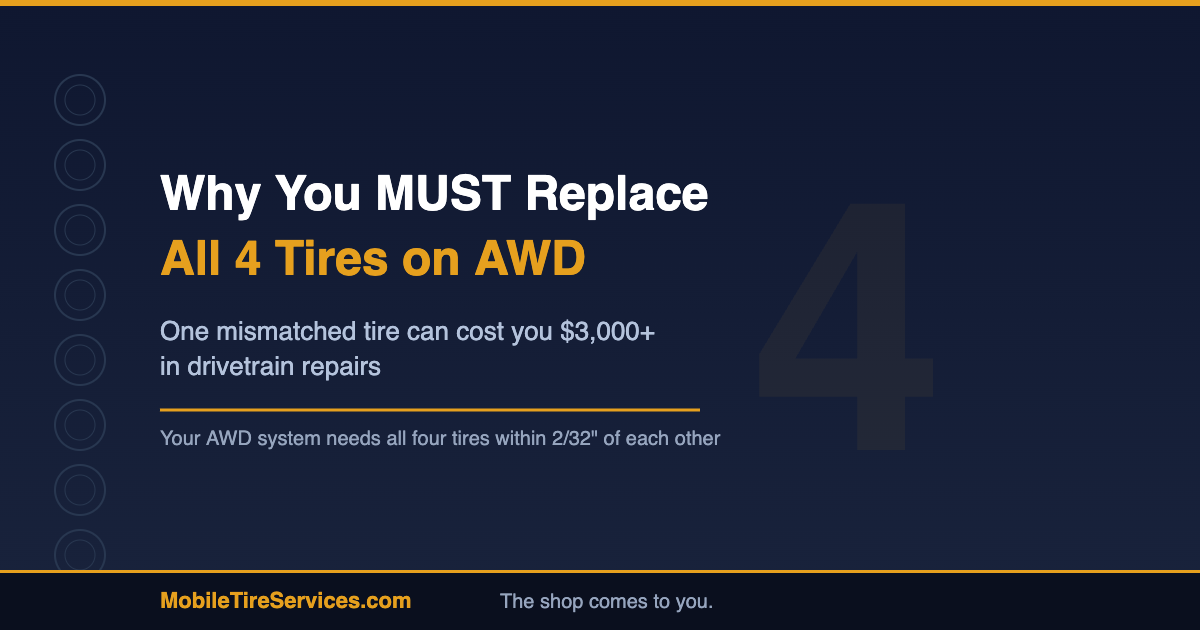 Four tires representing AWD tire replacement requirement